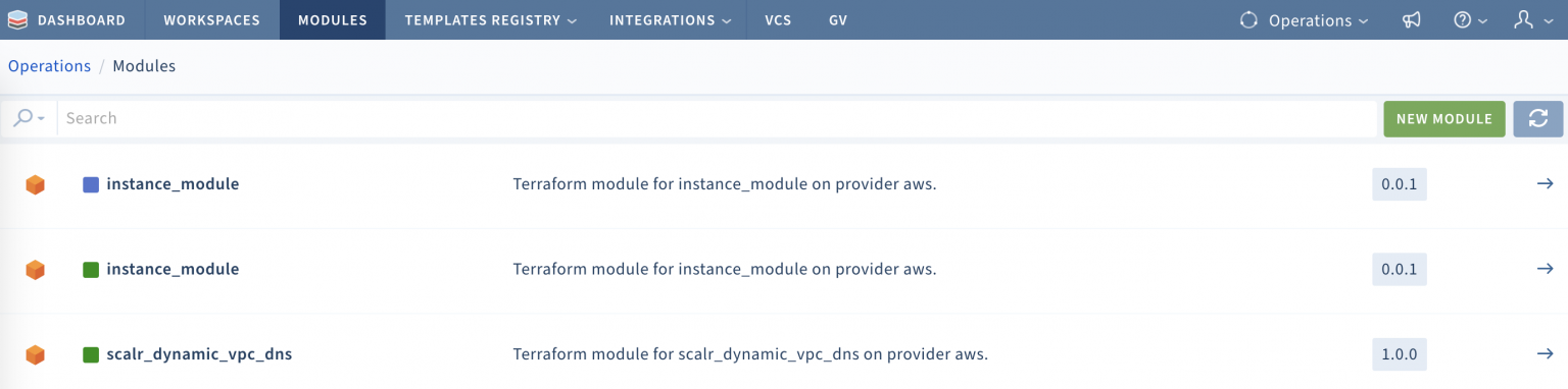 Scalr module registry hierarchy sharing Terraform modules across organizational units