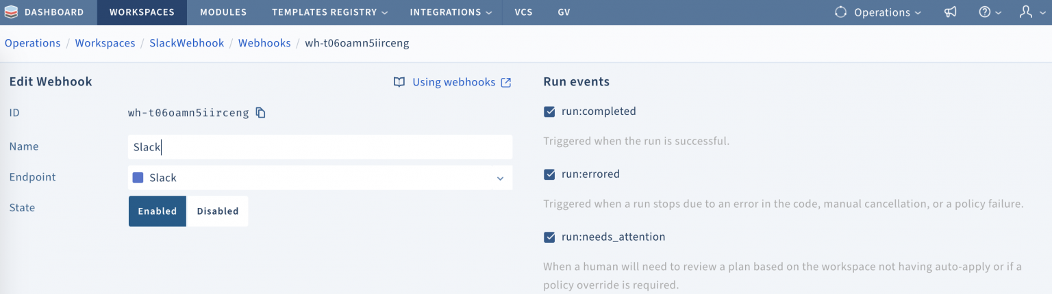 Scalr webhook configuration for sending Terraform run payloads to external tools