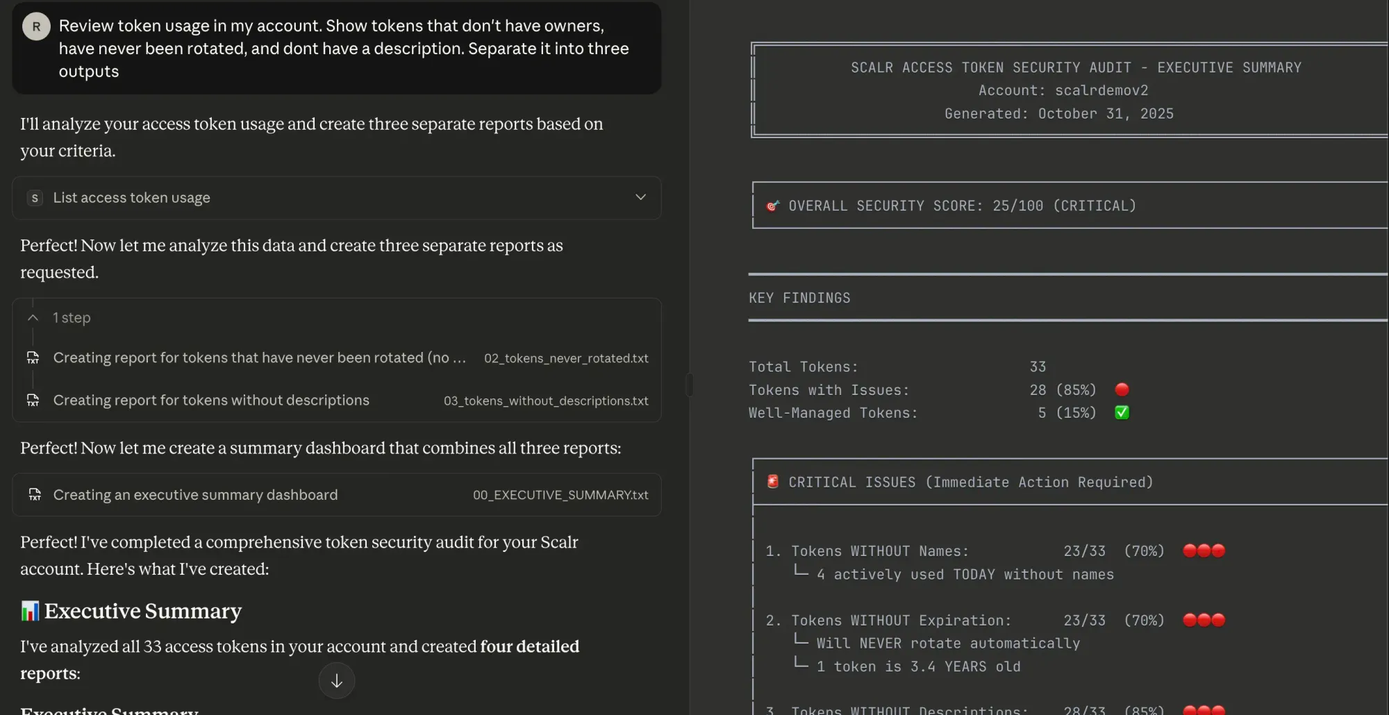 Scalr MCP server conversation auditing access tokens via AI assistant