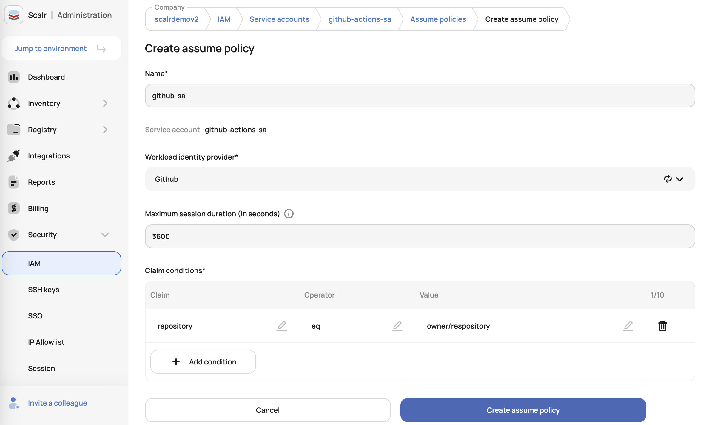 Scalr OIDC authentication configuration interface