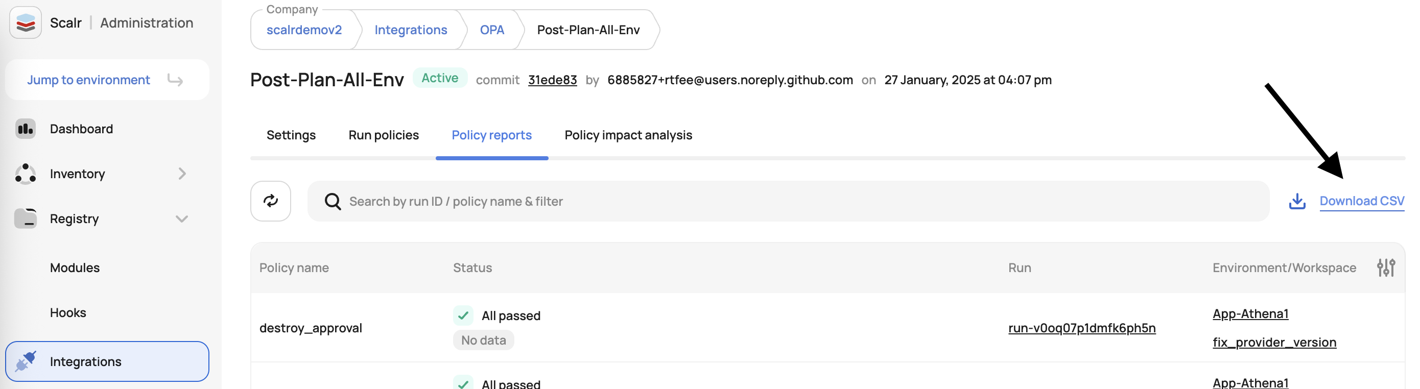 Scalr OPA policy reports tab with the new CSV download option