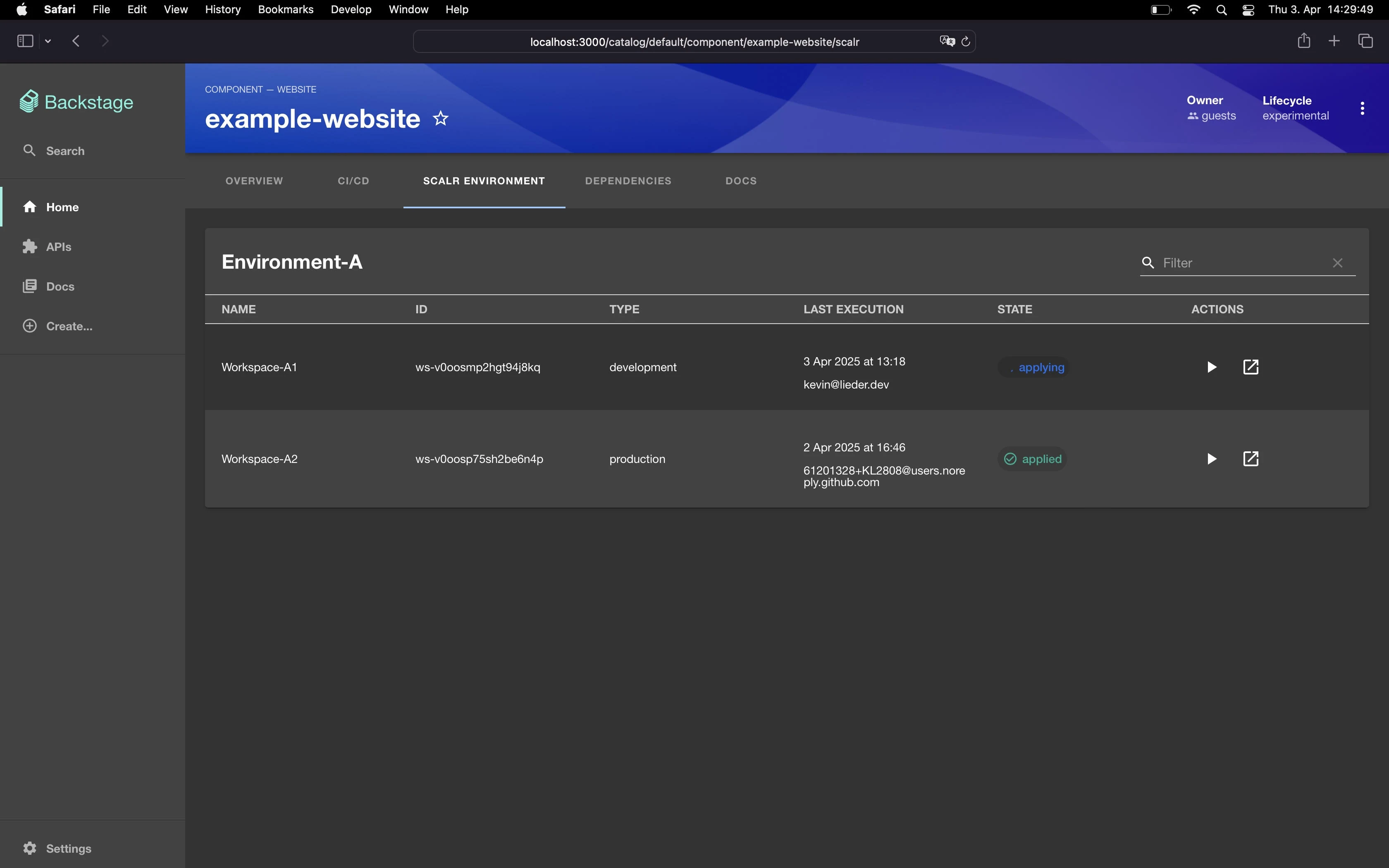 Scalr plugin for Backstage developer portal showing workspace management