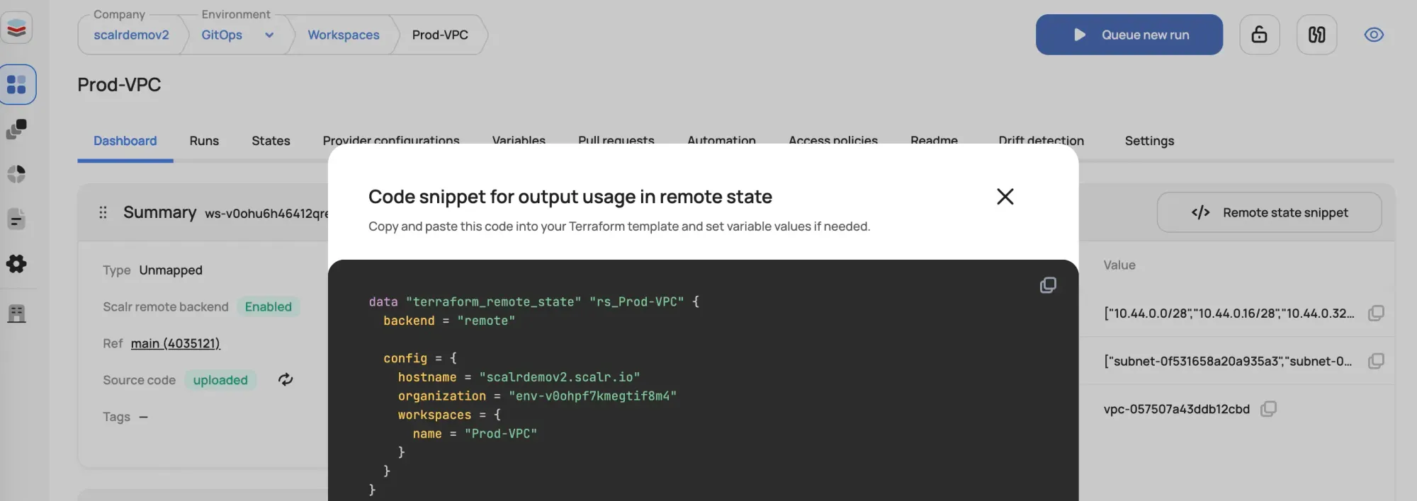Scalr remote state snippet modal showing workspace outputs in the dashboard