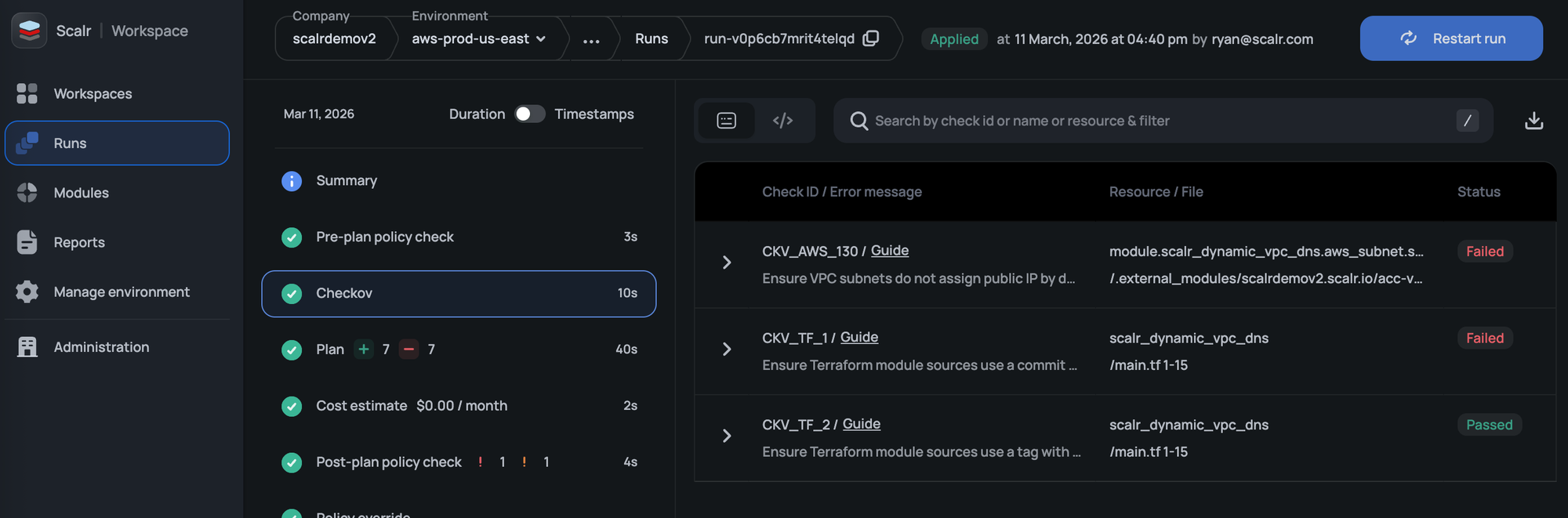 Scalr run pipeline stages showing Checkov scanning, OPA policy checks, and Terraform plan/apply