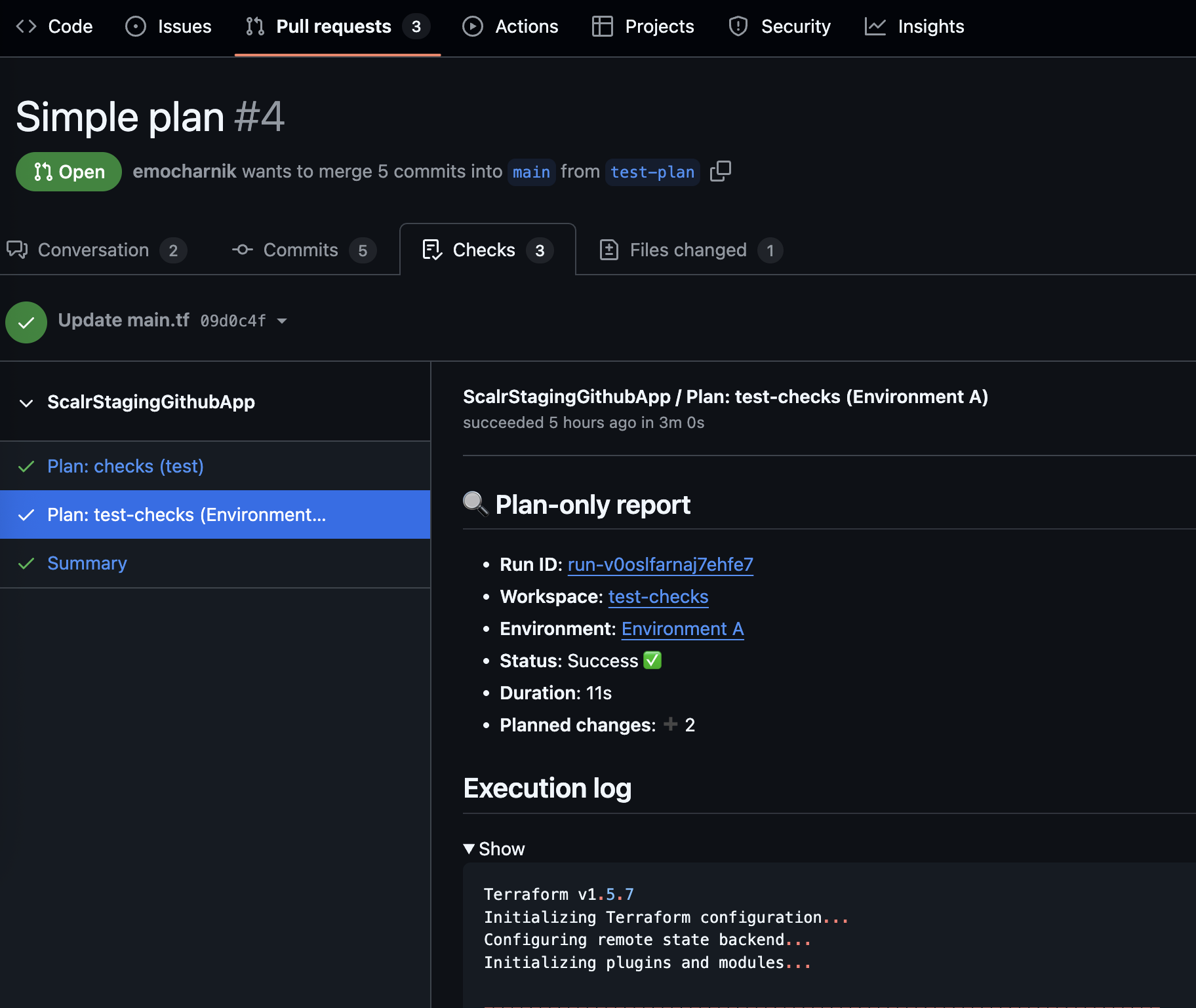 Scalr run results sent as GitHub checks with full output