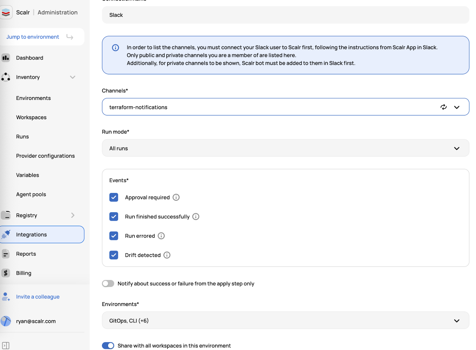 Scalr Slack notification settings for Terraform run events and drift detection