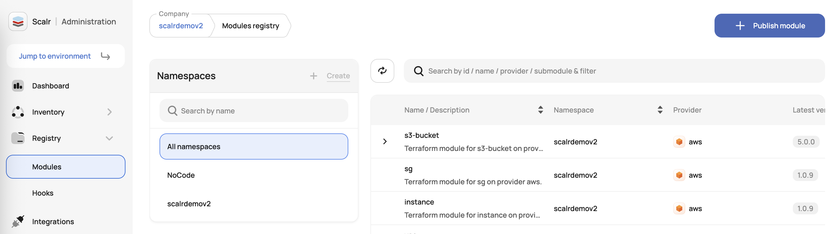 Scalr UI showing private module registry namespaces with filtering and search