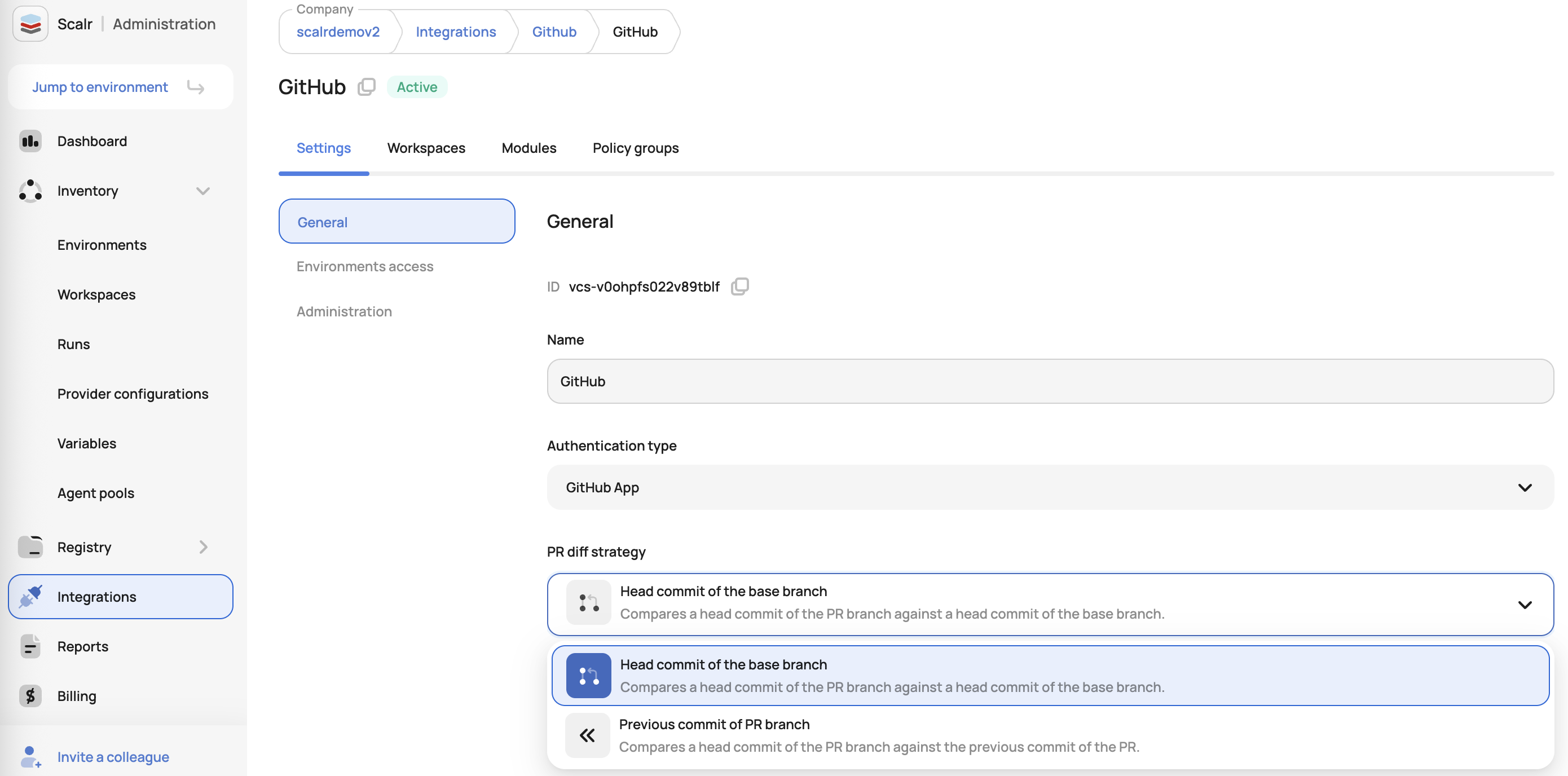 Scalr VCS provider settings showing the base commit and previous commit strategy options
