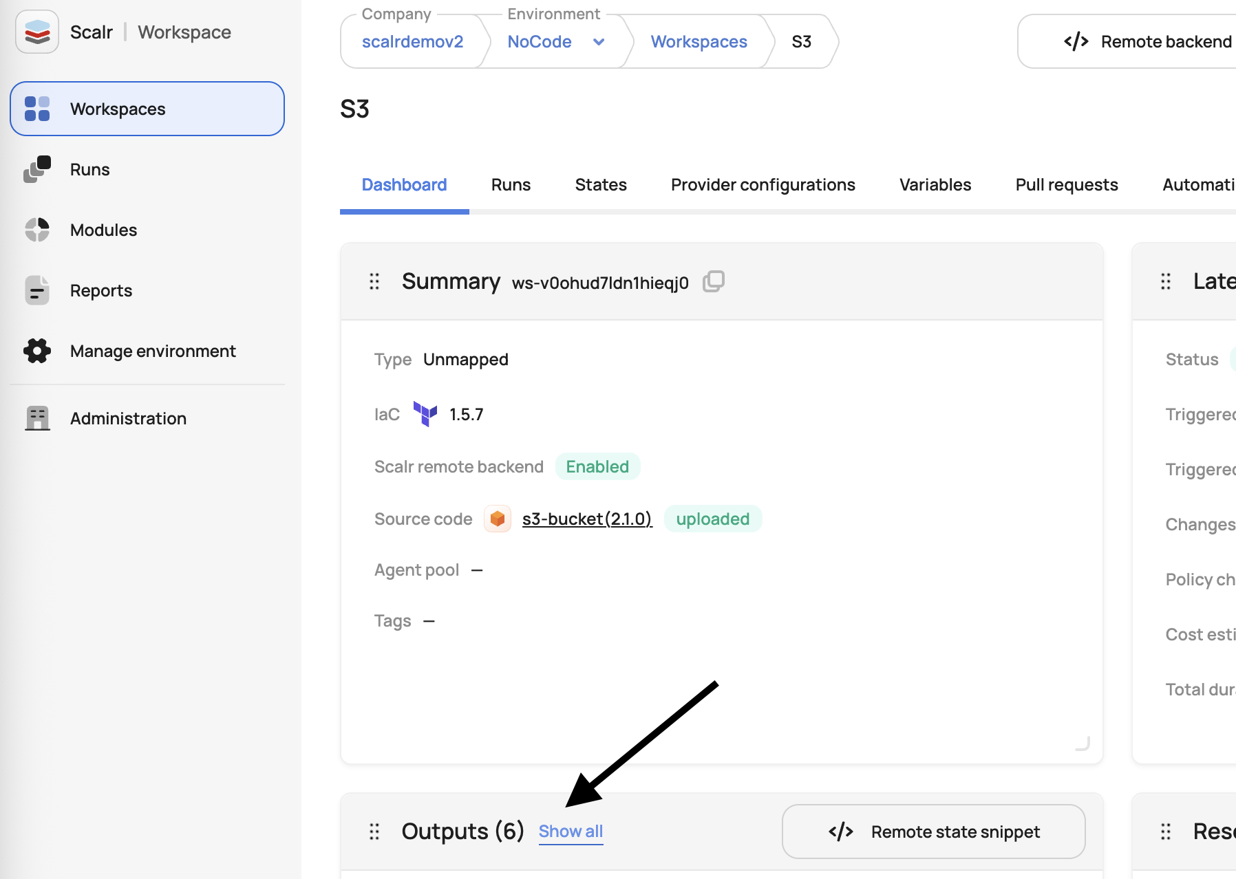 Scalr workspace outputs Show all modal displaying every output across runs