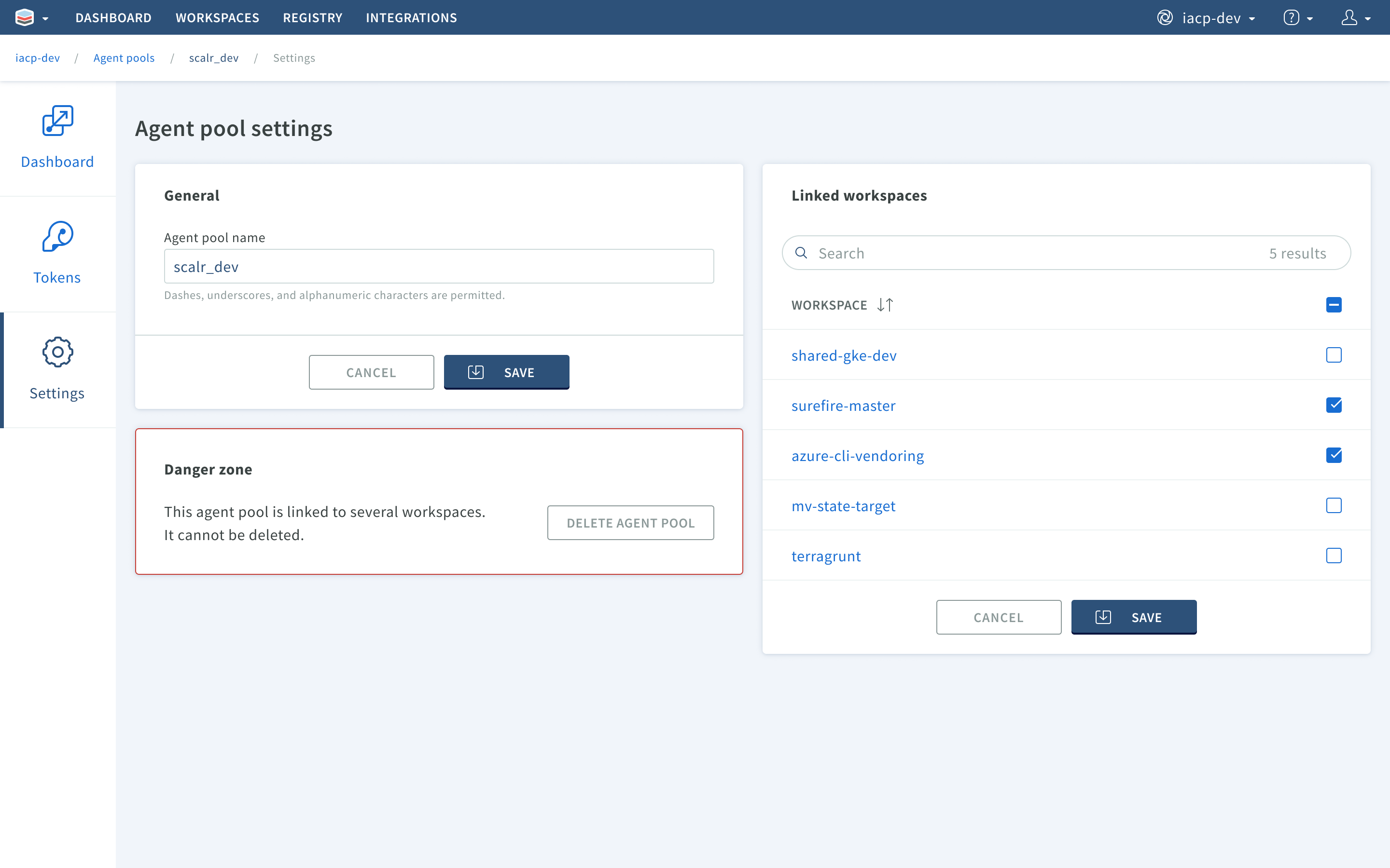 Once a pool of self-hosted agents has been created, workspaces can be configured to use them for runs