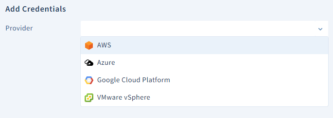 Scalr provider dropdown menu with Azure selected
