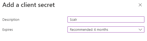 Azure add a client secret dialog with description and expiry fields