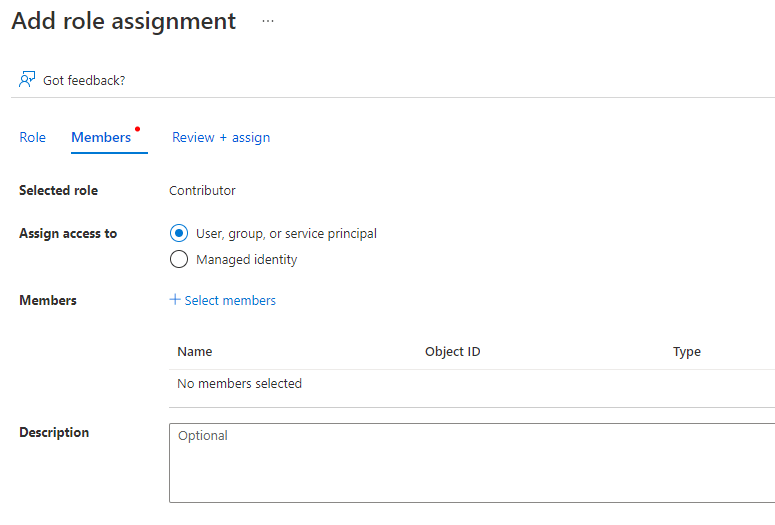 Azure role assignment Select members search for the app registration