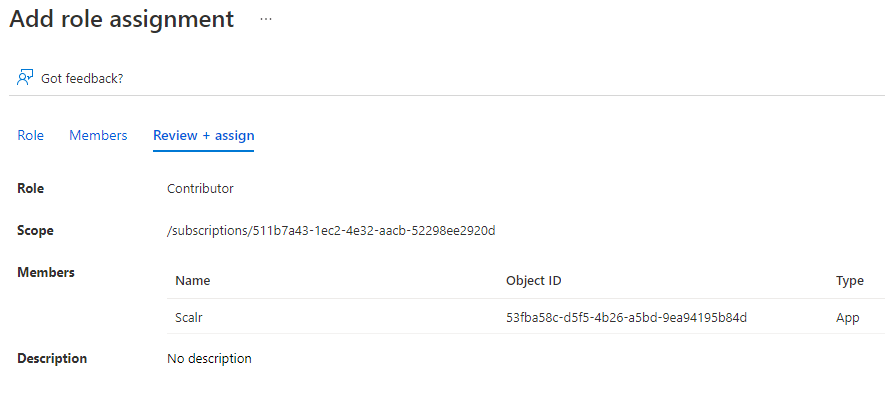 Azure role assignment review and assign confirmation screen