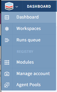 Scalr account dropdown menu with Manage Account option