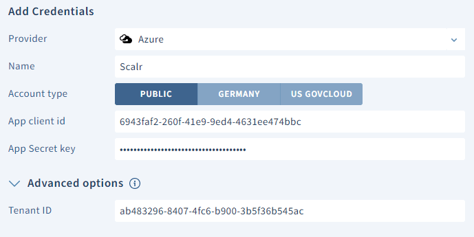 Scalr Azure provider credentials form with app registration details