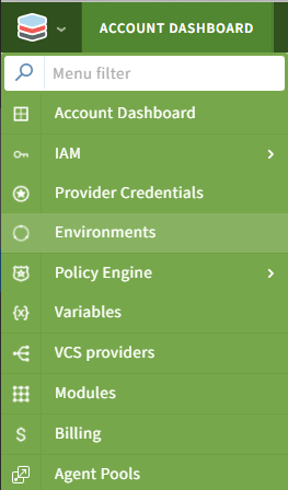 Scalr top left icon menu with Environments option
