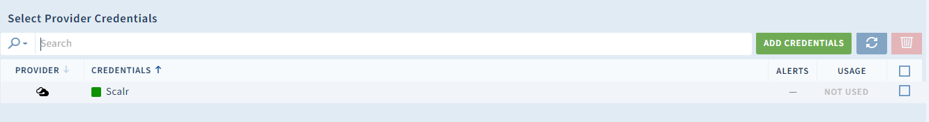 Scalr Link credentials button next to the Azure provider row