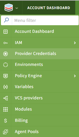 Scalr top left menu showing provider credentials option