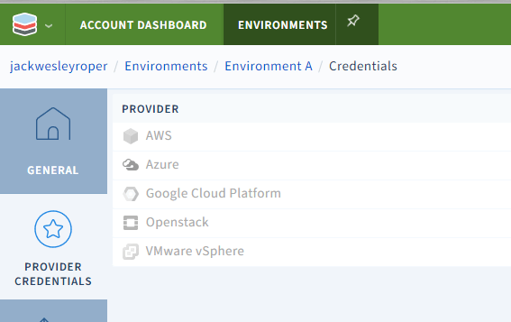 Scalr environment Provider Credentials tab