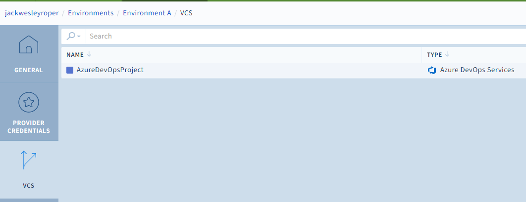Scalr VCS tab showing linked Azure DevOps project