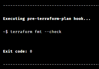 Terminal output of terraform fmt formatting the code