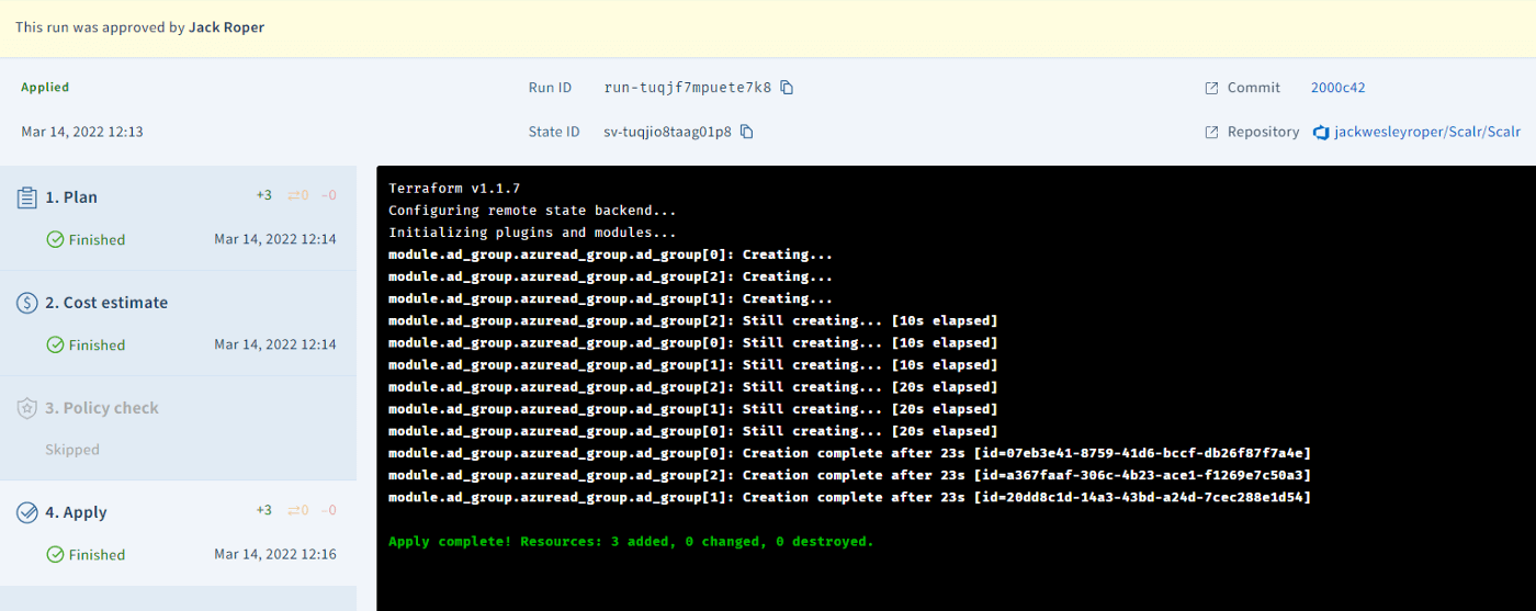 Scalr run completed showing repository and commit links to Azure DevOps