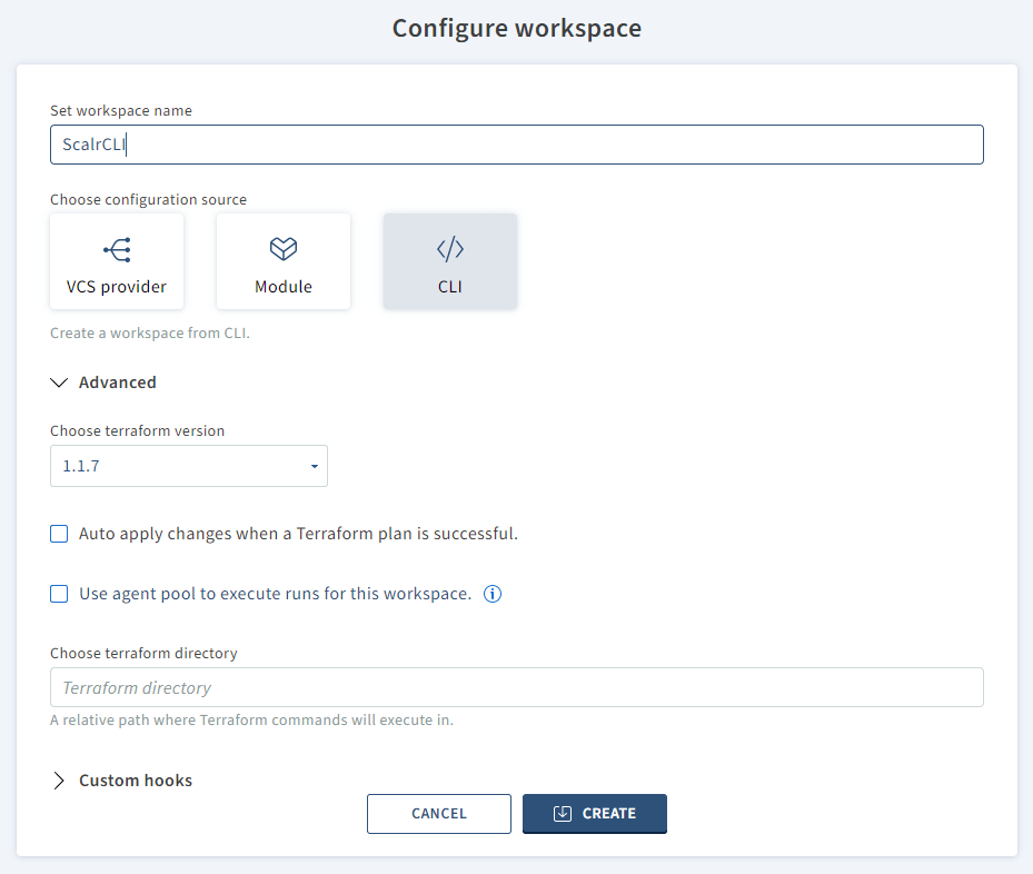 Scalr CLI workspace creation form with required options