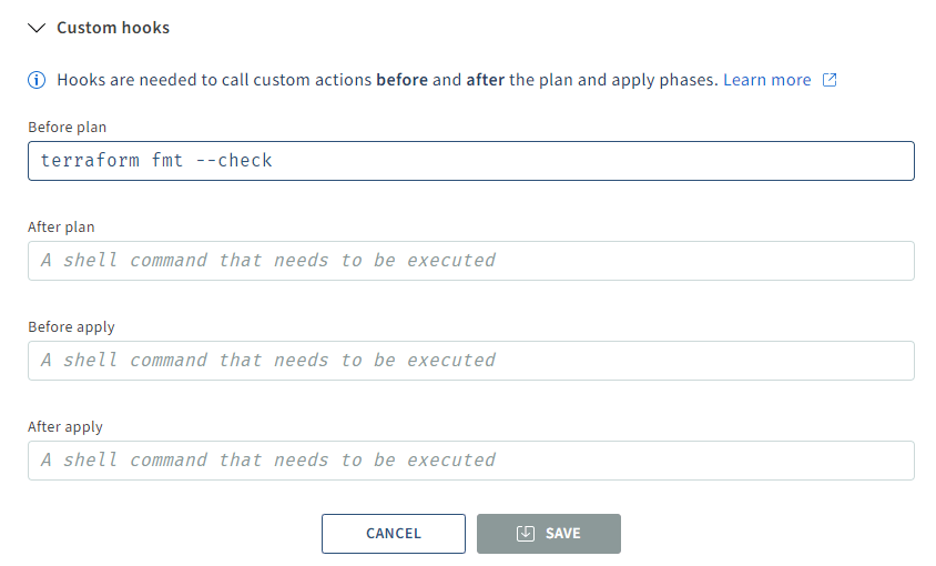 Scalr workspace custom hooks configuration with terraform fmt check