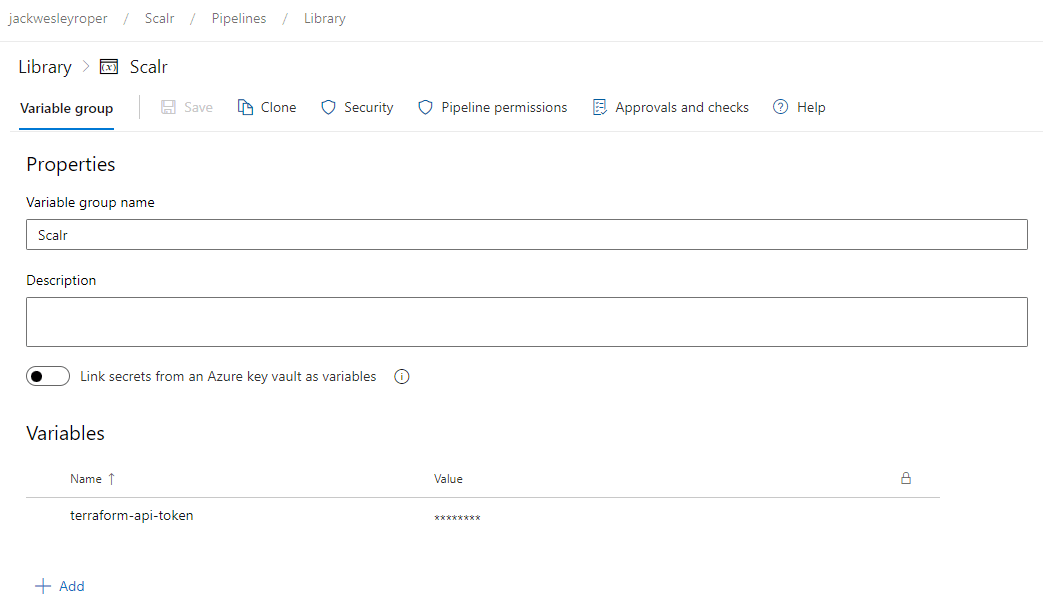 Azure DevOps variable group adding scalr-api-token as a secret