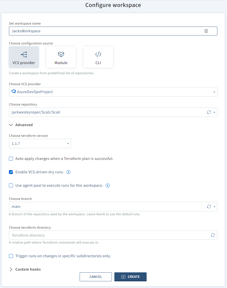 Scalr workspace creation form with Azure DevOps VCS provider settings
