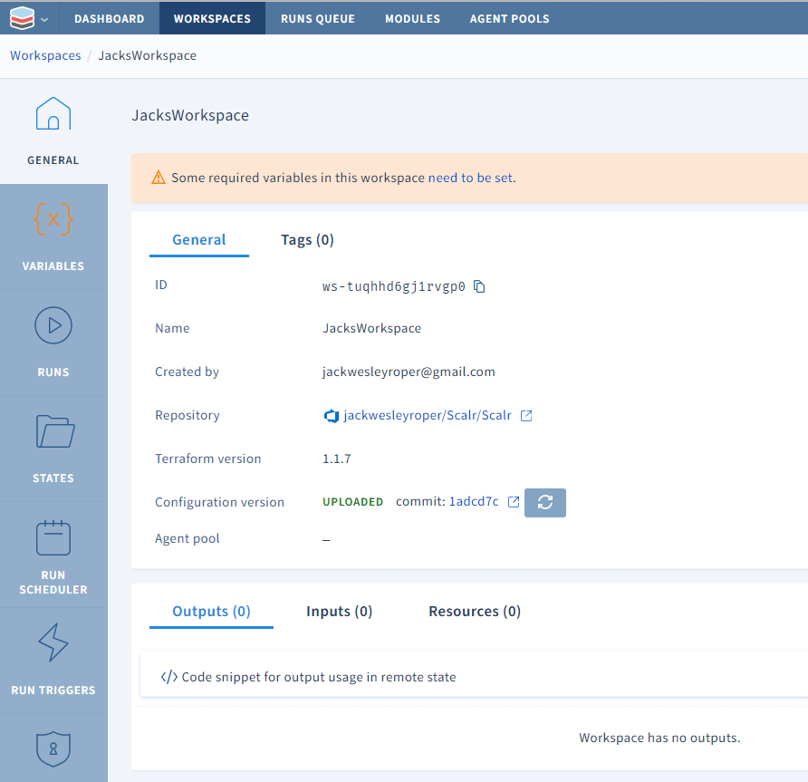 Scalr workspace create button after filling out options
