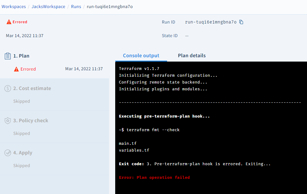 Scalr run failed with error from terraform fmt check custom hook