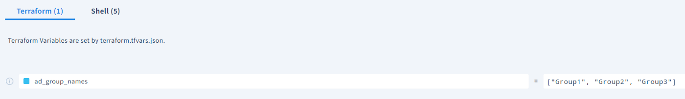 Scalr workspace variables view prompting to set the ad_group_names variable