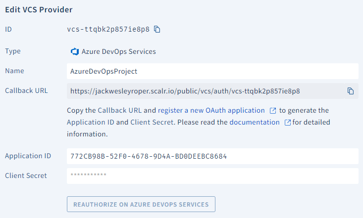 Scalr environment showing the Azure DevOps VCS provider linked