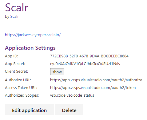 Azure DevOps application settings showing app ID and client secret