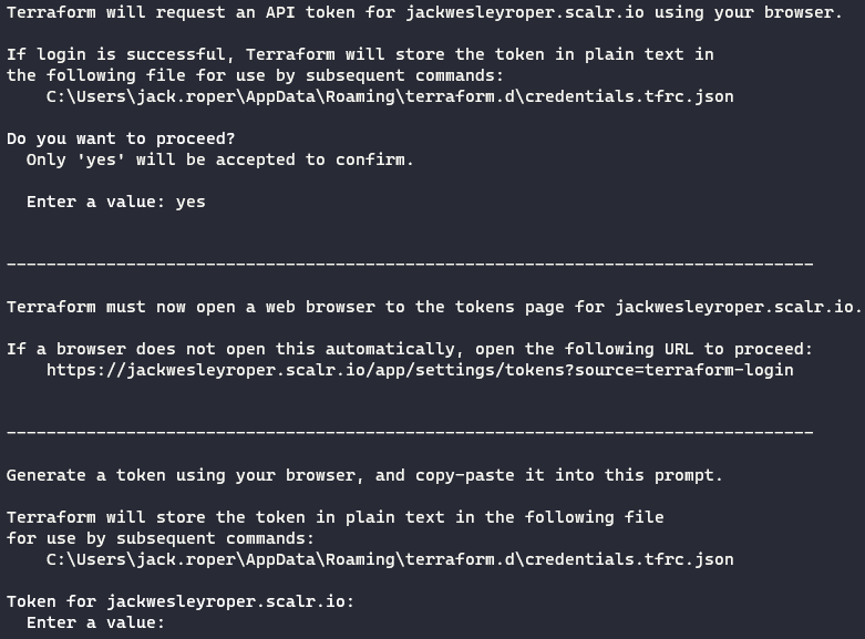 Terminal running terraform login against the Scalr account