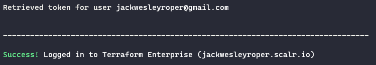 Terminal showing the Scalr API token pasted to complete terraform login