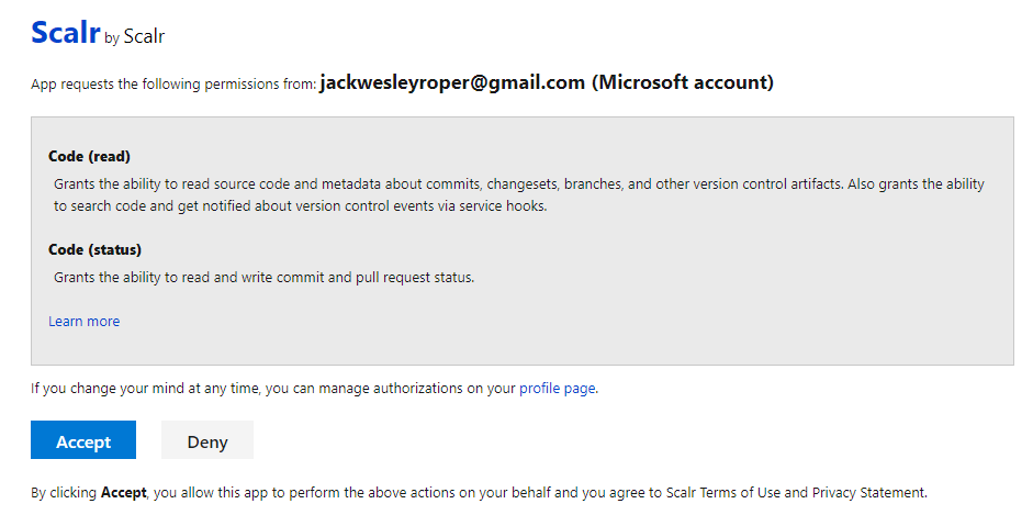 Azure DevOps OAuth accept authorization prompt