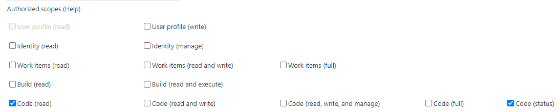Azure DevOps OAuth authorized scopes with code read and code status ticked