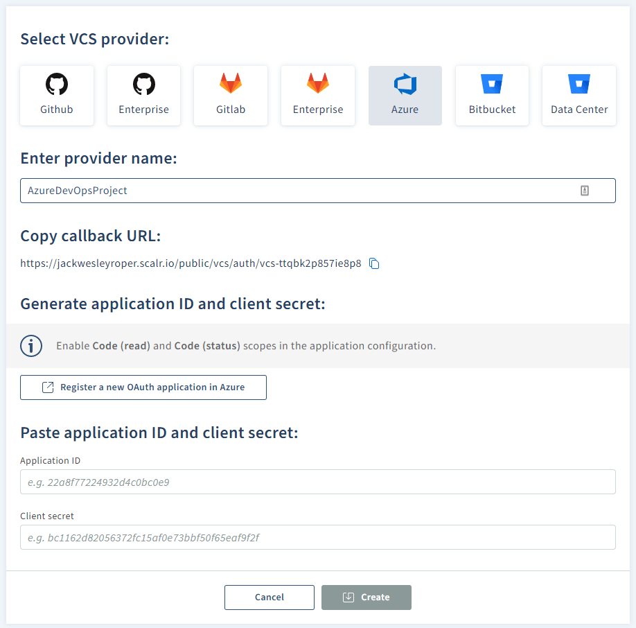 Scalr create VCS provider form with Azure option selected