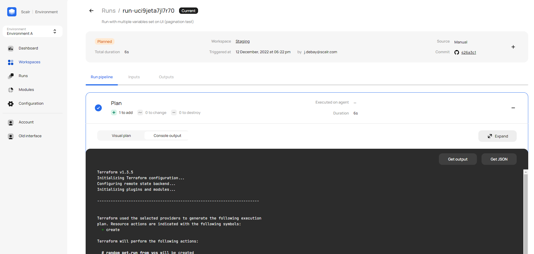 Scalr smart plan output interface highlighting destructive Terraform changes