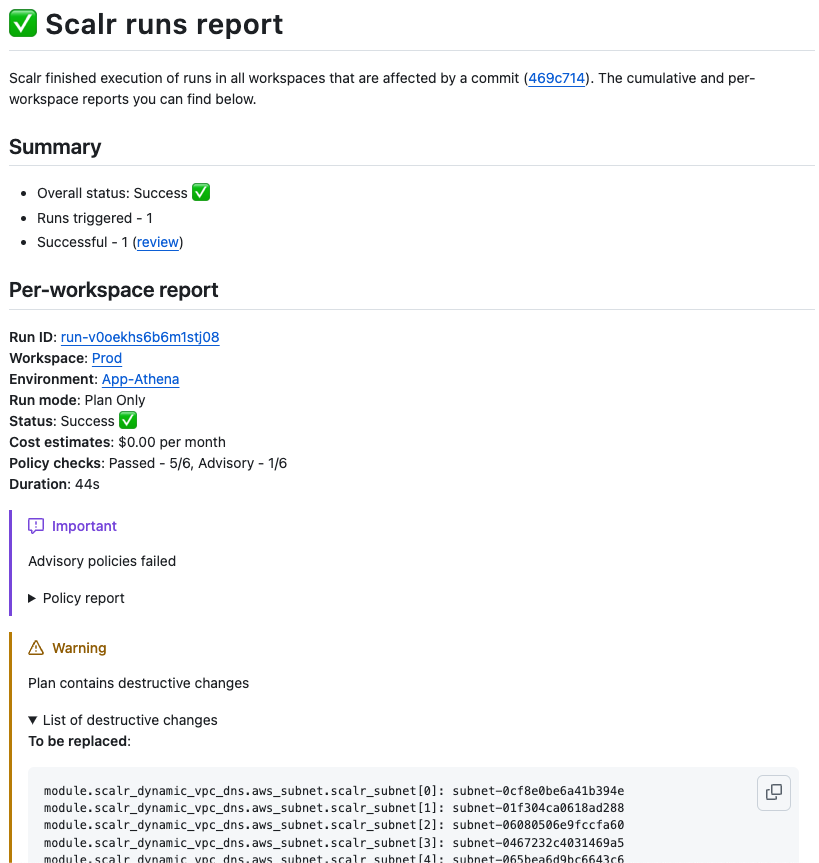 Example of a Terraform plan with destructive changes flagged in the PR comment