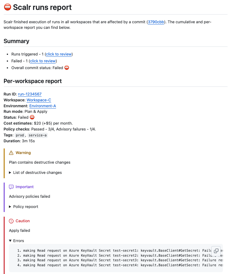 Example of a failed Terraform run with error logs sent back to the PR comment