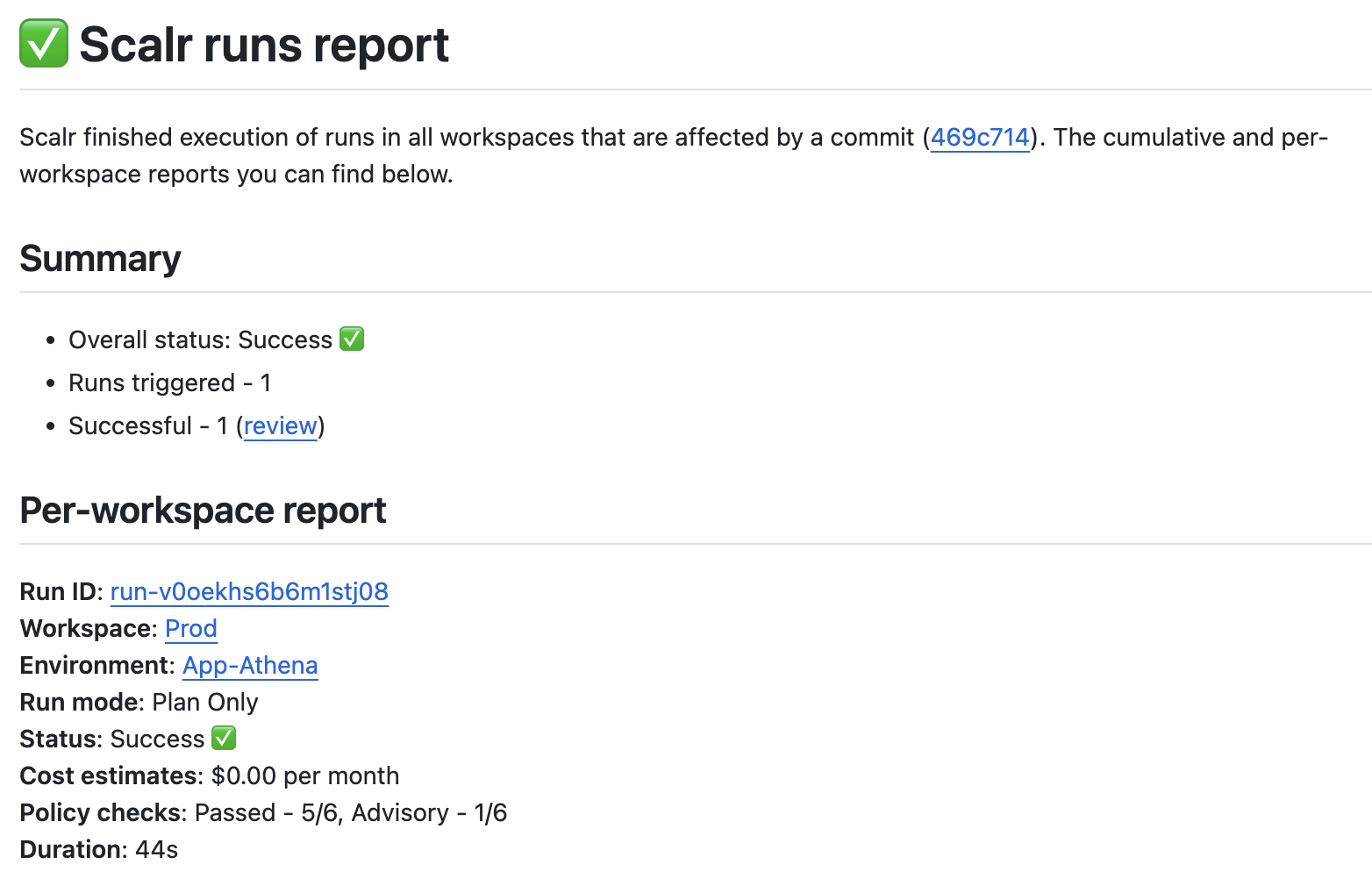 Example of a successful Terraform plan posted to a pull request