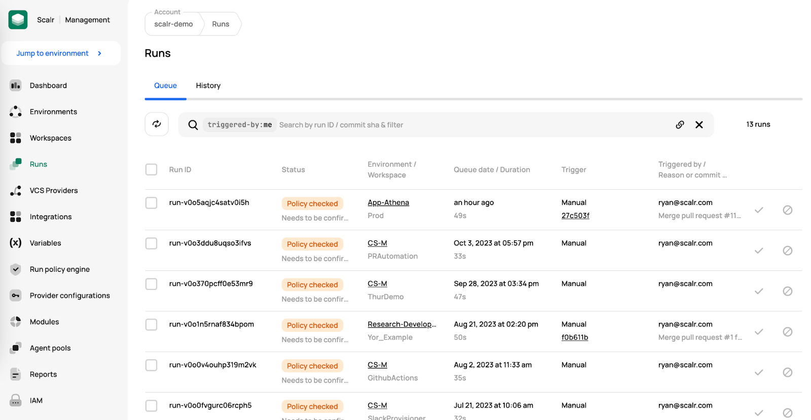 Scalr run dashboard showing all Terraform runs across environments and workspaces in a single view