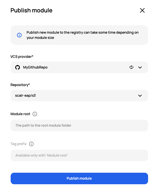 Screenshot of Module publication in Scalr