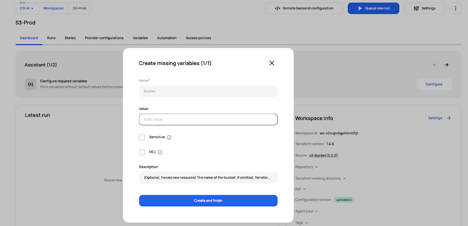 Screenshot of Prompt to add variables