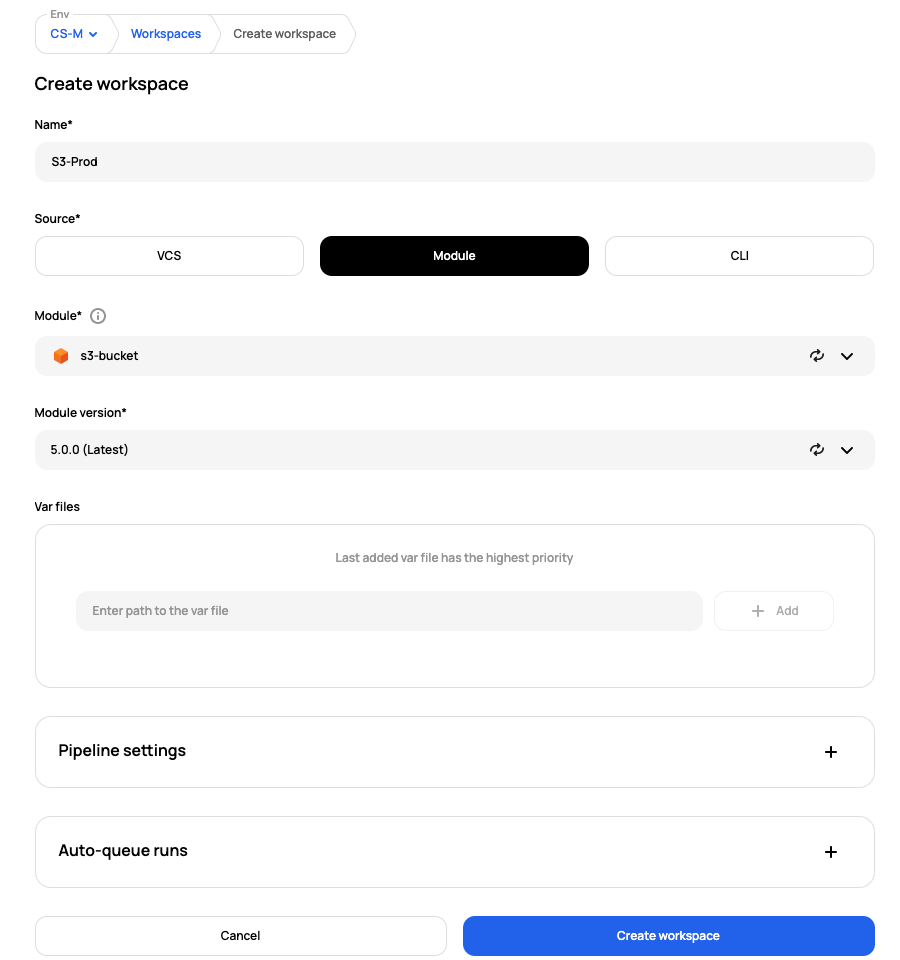 Screenshot of Workspace creation