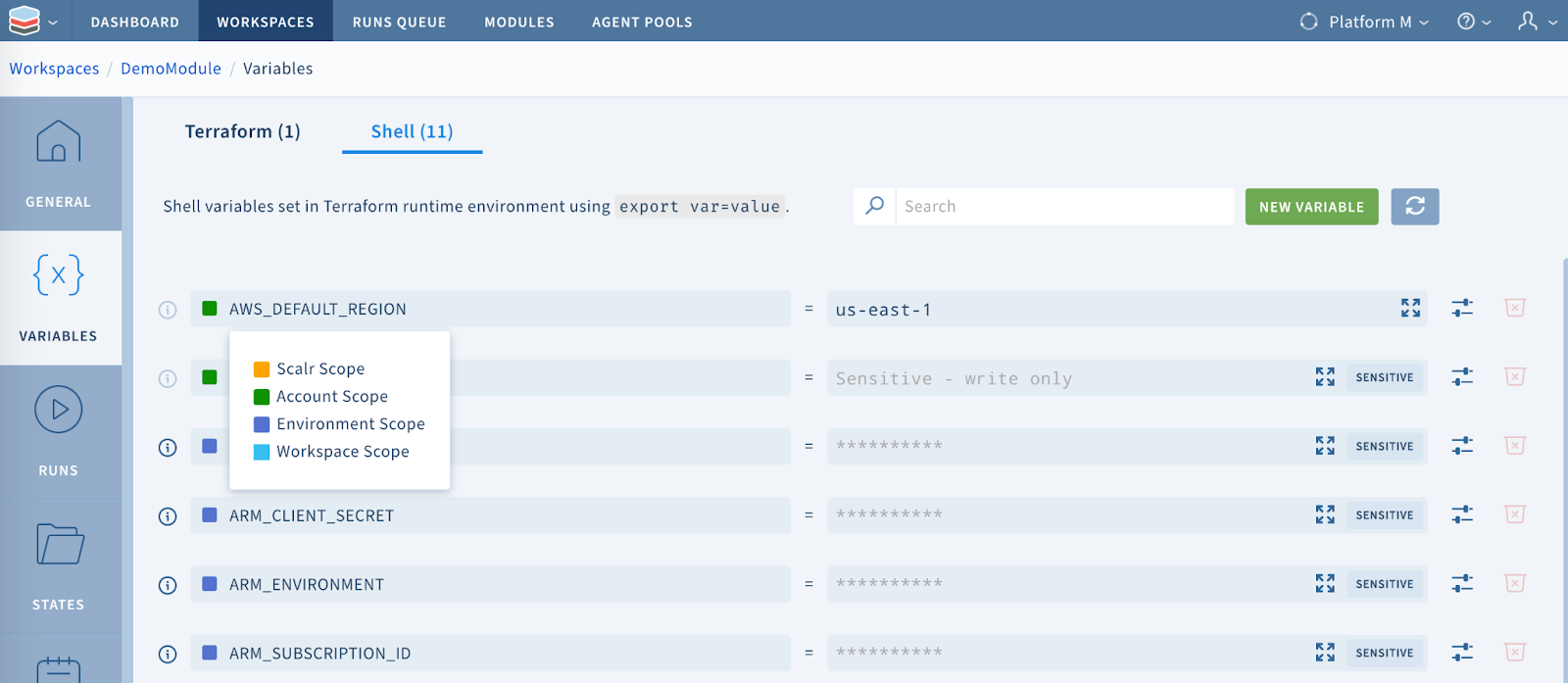 Variables in a workspace automatically inherited from the account scope